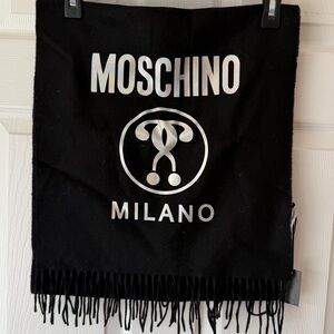 Moschino Black Iridescent Logo Fringe Wool Scarf
